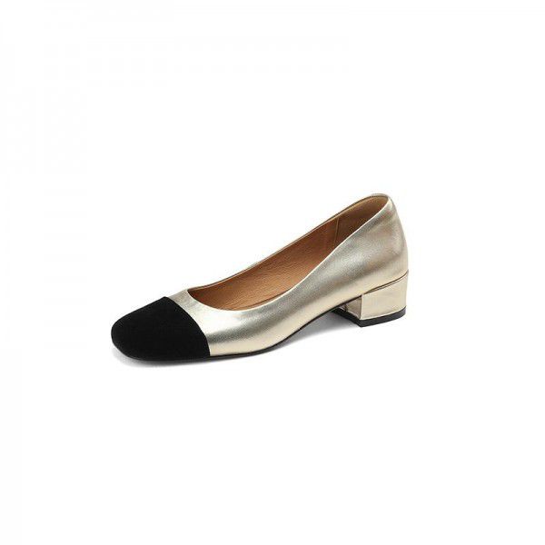 Commuter black apricot classic color matching square toe flat sole single shoe cow leather flat sole women's single shoe new spring and autumn styles 