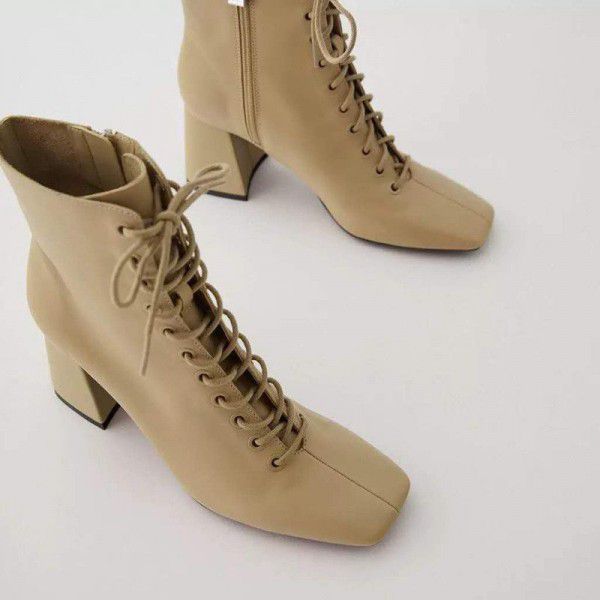 New Women's Shoes Camel Brown British Bull Leather High Heel Thick Heel Martin Short Boots New Lace up Women's Boots 