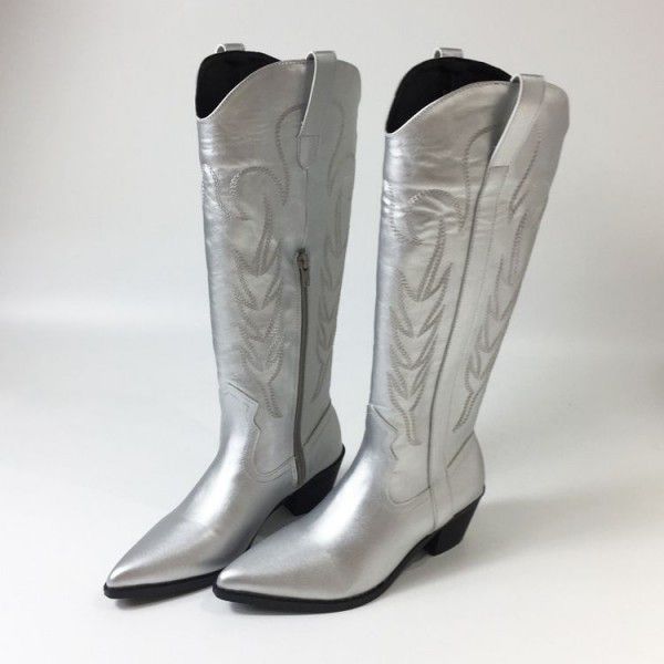 High boots, silver embroidery, Chelsea long boots, Western denim style knight boots 