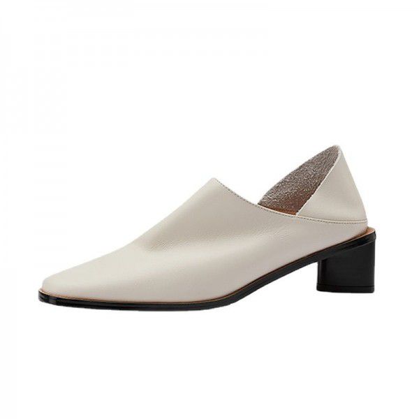 Single shoe with full leather inside and outside, thick heels, square toe, deep mouth, Korean version, retro versatile, and soft leather for both wear 
