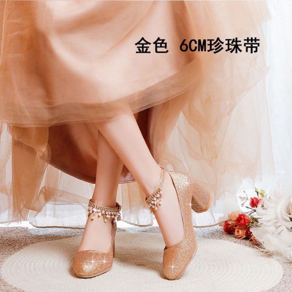 Silver single shoe women's dress with round toe high heels 