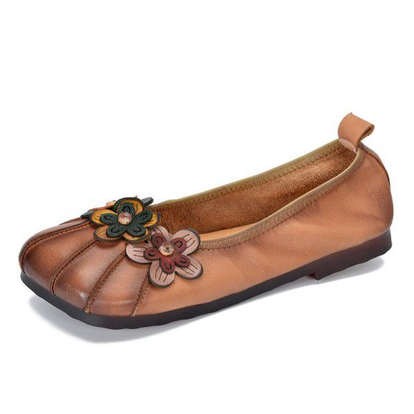 New Niupisen Series Women's Single Shoes Handmade Soft Sole Round Head Small Floral Contrast Color Single Shoes 