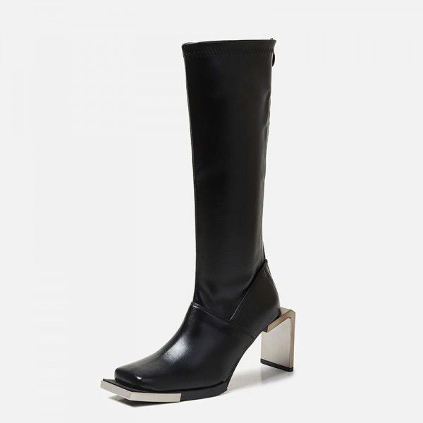 Autumn and Winter New Bone Shaping Iron Head Metal Crowd Black Mid Barrel Boots Show Thin Women 