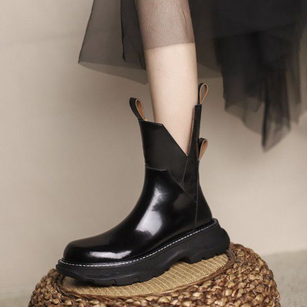 British Martin Boots Women's Lacquer Leather Thick Sole Autumn and Winter New Long Sleeve Slim Knee Length Boots 