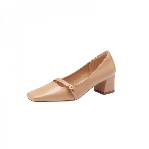 French retro single shoe women's middle heel new thick heel cowhide square toe shallow cut Mary Jane women's shoes 