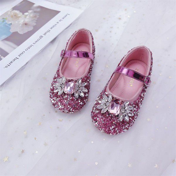 Girls' Crystal Shoes Spring New Aisha Princess Shoes Shiny Baby Little Leather Shoes Fashionable Soft Sole Single Shoes 