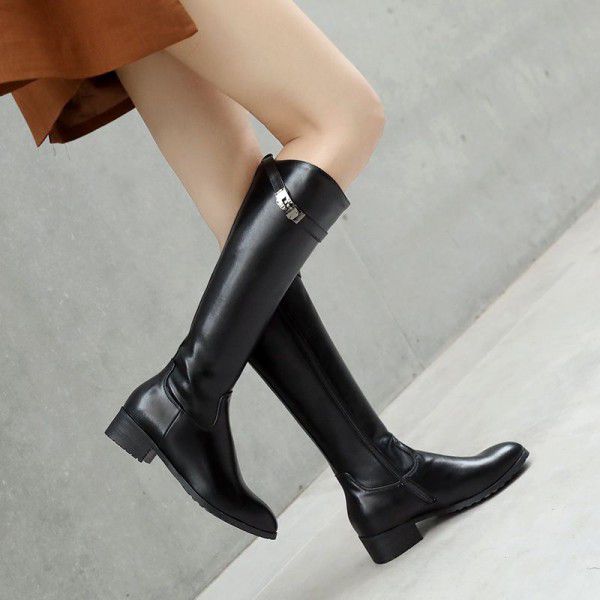 Belt buckle spring and autumn boots, leather boots, knight boots, thick heels, medium heels boots 