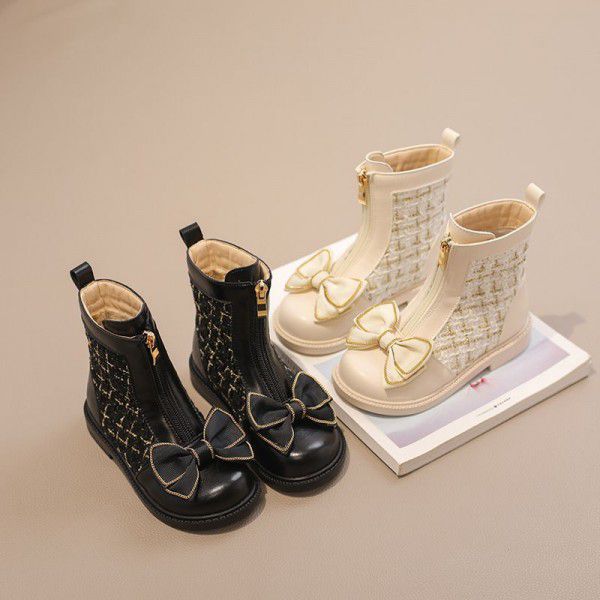 Girls' Martin Boots Winter New Plush Children's Single Boots Little Girls' Short Boots Fashionable Bowknot Leather Boots 