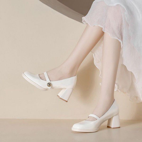 Spring and Summer New Square Head Vintage Mary Jane Shoes French Fairy Style Thick Heel Shoes Women's One Line High Heels 
