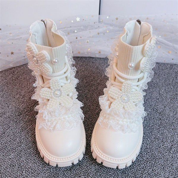 Girls' Martin Boots Spring Autumn Winter Lace Pearl Socks Boots Children's Short Boots Boots 