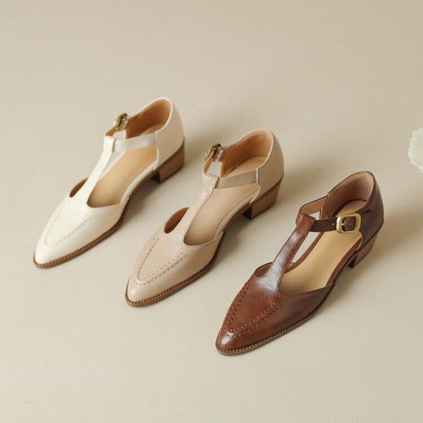 Spring/Summer New Pointed Big Heel Baotou Heel T-shaped Buckle Strap Sandals 