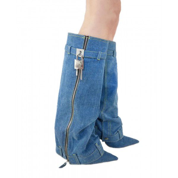 New pointy Cowboy boot skirt shark high heels women's boots large size long tube belt buckle thin heels women's shoes 