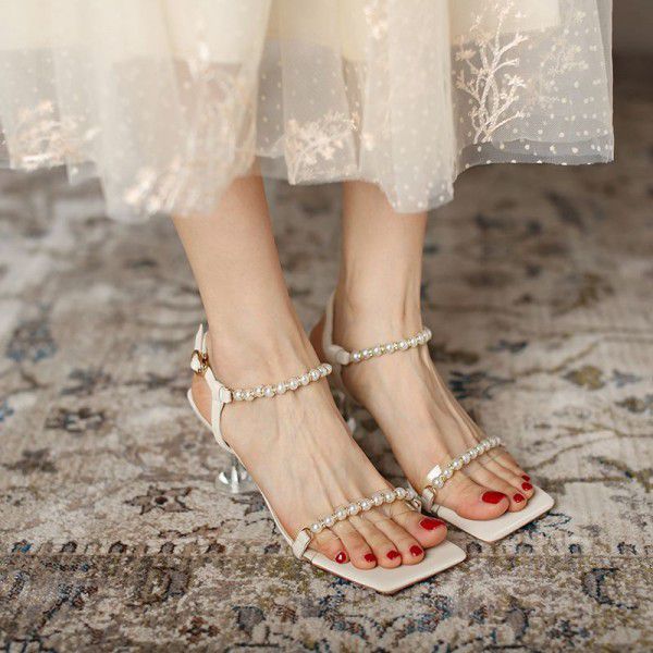 Pearl Sandals Women's Middle Heel New Thin Heel High Heel Summer Korean Student Fairy Caligae Shoes 