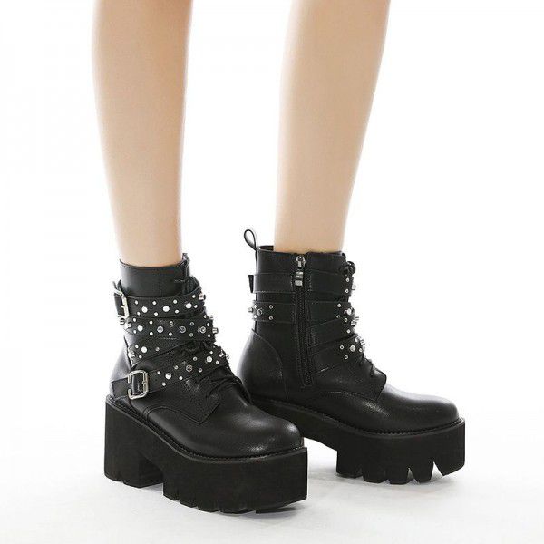 Autumn and Winter New Martin Boots Lace up Women's Boots Thick Bottom Rivet Side Zipper Short Boots Women 