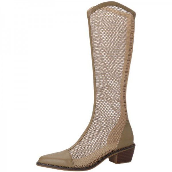 New Spring/Summer Long Boots Women's Thick Heel Mesh Boots Hollow Cool Boots Summer Breathable Thin Mesh Long Boots 