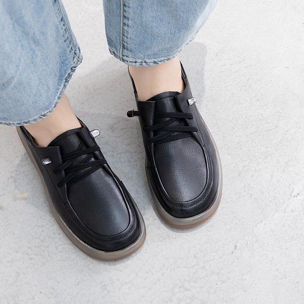 Spring/Summer Round Head Casual Women's Shoes Flat Sole Single Shoes Soft Leather Soft Sole Lazy Shoes Comfortable and Versatile Cow Muscle Sole Shoes 