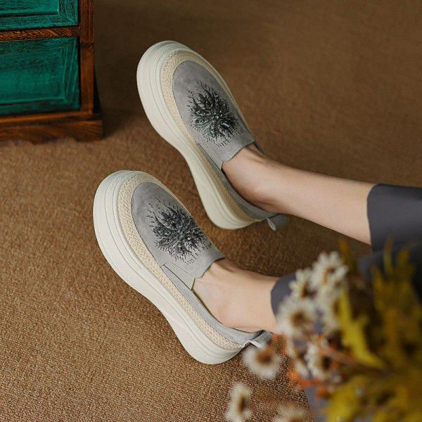 Spring and Autumn New Slip-on shoe for Lazy Women Thick soled High Leather Versatile Muffin Shoes Single Shoes 