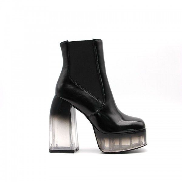 New Gradient Transparent Heel Mirror Lacquer Leather Shoe Top High Water Platform Boots Popular Female 