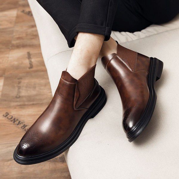 Leather boots men's shoes Spring and autumn new mid top leather shoes Chelsea boot foot covering men's short boots leather men's boots 