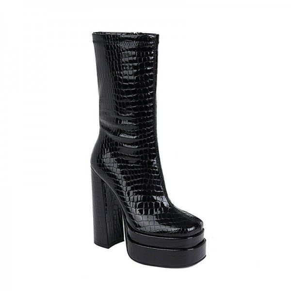 New style thick heeled waterproof platform fashion women's boots with patent leather square toe short boots 
