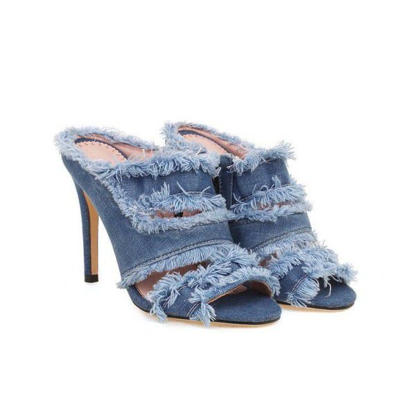 Thin Heel High Heel Women's Shoes Blue Denim 