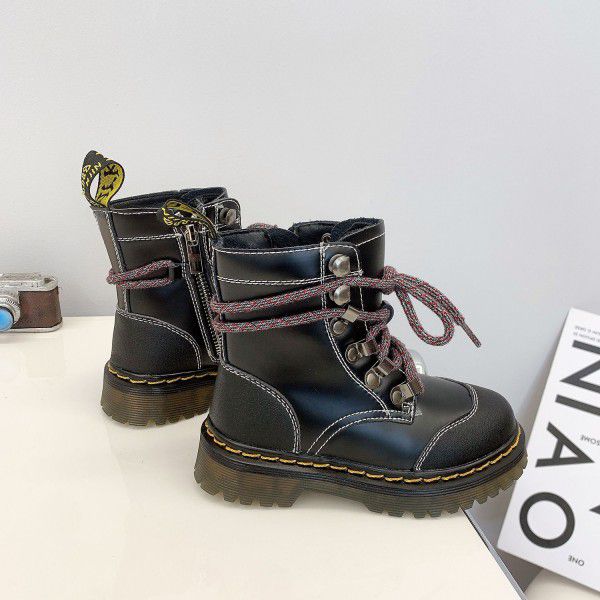Autumn and Winter New Children's Shoes Children's English Cowhide Martin Boots Boys and Girls' Side Zipper Motorcycle Leather Boots 