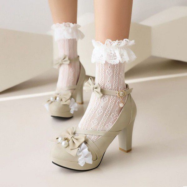 New Purple Single Shoe Dance Shoes Thick High Heel Bow Lace Women's Shoes 