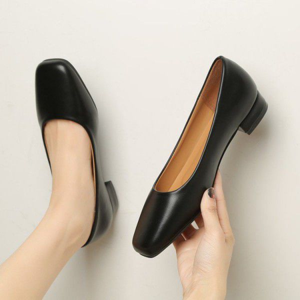 Square toe single shoes, thick heels, shallow mout...