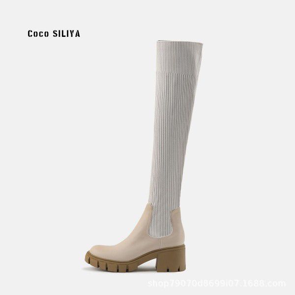 Martin Boots Women's English style thick heeled thick soled long boots with elastic cuffs over the knee that do not fall off the tube 