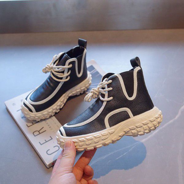 Children's Mid to Big Children's Leather Boots Spring New Girls' Short Boots Boys' Handsome Thick Sole Single Boot Trend 