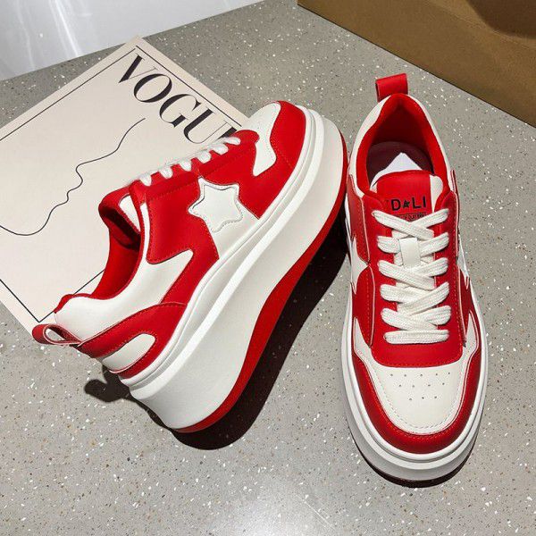 Thick sole small white shoes, spring new color matching lace up breathable and versatile sports casual shoes 
