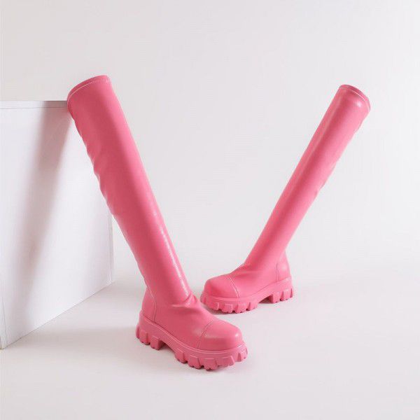 Thick sole elastic boots, women's candy colored knee boots, personalized trend, versatile sock boots 