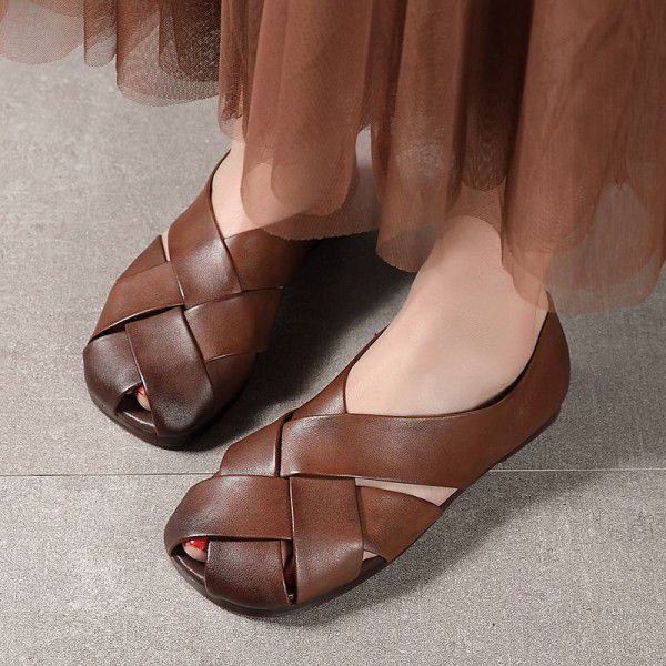 Spring and Summer New Women's Shoe Top Layer Cowhide Comfortable Soft Sole Round Head Hollow Flat Sole Single Shoe 