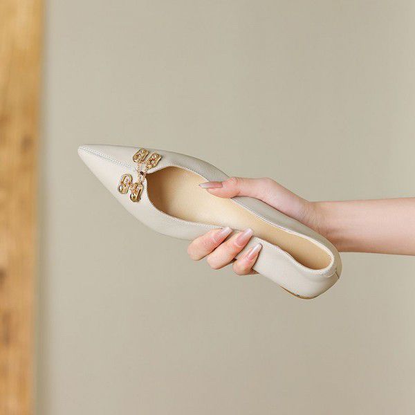 Sharp pointed beige high heels, women's thick heels, new low heeled women's shoes, summer soft leather single shoes 