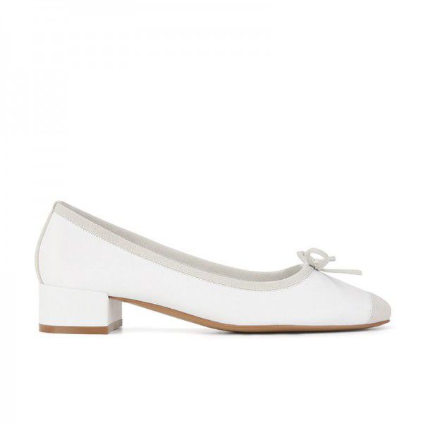 French sheepskin square toe bow thick heeled ballet shoes for women's singles 