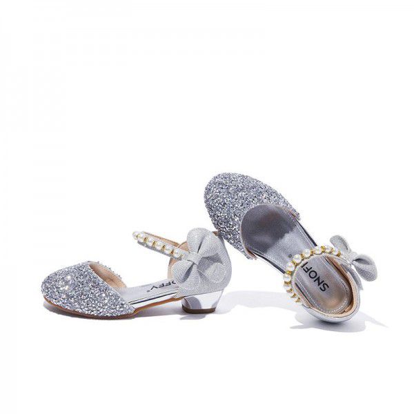 Spring New Children's Little High Heels Children's Girls' Fashionable Crystal Shoes Soft Sole Single Shoes Fashion Princess Shoes Leather Shoes 