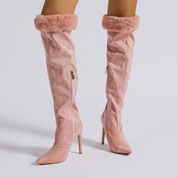 New slim heeled high boots with large circumference and pointed sleeve lace fashion boots 