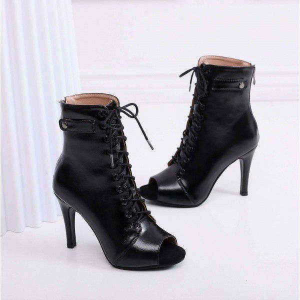 Women's Spring and Summer Thin Heel Hollow Short Boots Lace up High Heels Large Sandals 
