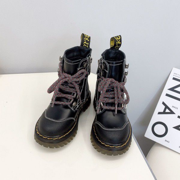 Autumn and Winter New Children's Shoes Children's English Cowhide Martin Boots Boys and Girls' Side Zipper Motorcycle Leather Boots 