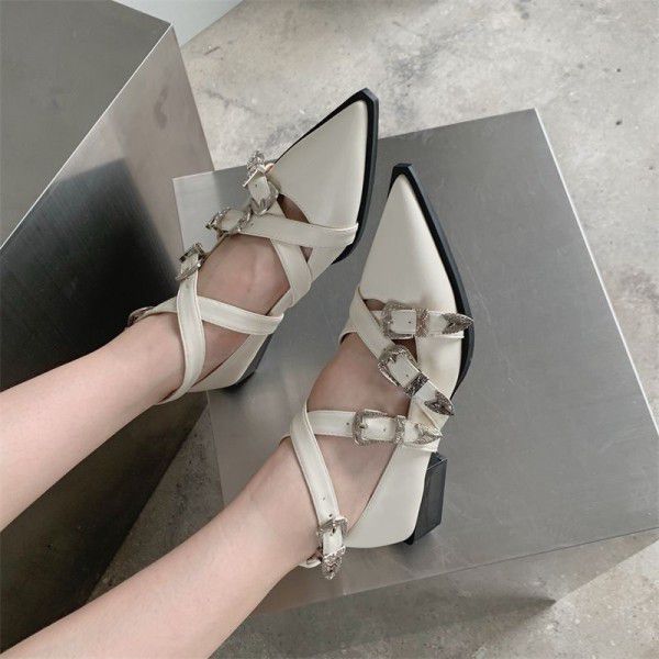 Fashionable cross belt pointed shallow cut single shoe for women's new belt buckle low heel shoes for women 