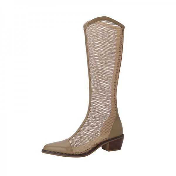 New Spring/Summer Long Boots Women's Thick Heel Mesh Boots Hollow Cool Boots Summer Breathable Thin Mesh Long Boots 