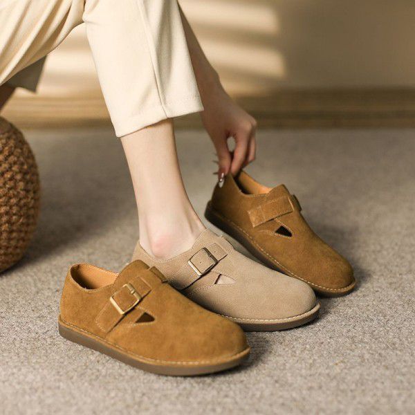 Women's autumn and winter outerwear leather plush casual flat sole single shoes for women's versatile retro soft soled Bucken shoes 