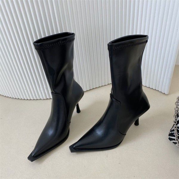 New High Heel Short Sleeve runway Boots Pointed toe Thin Heel Women's Shoes and Boots Elastic Soft Leather Fashion Boots for Women 