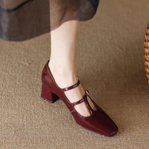 Vintage Mary Jane Shoes Women's Spring Genuine Leather High Heels, Wine Red Thick Heels, T-shaped Single Shoes, Small and Tall 