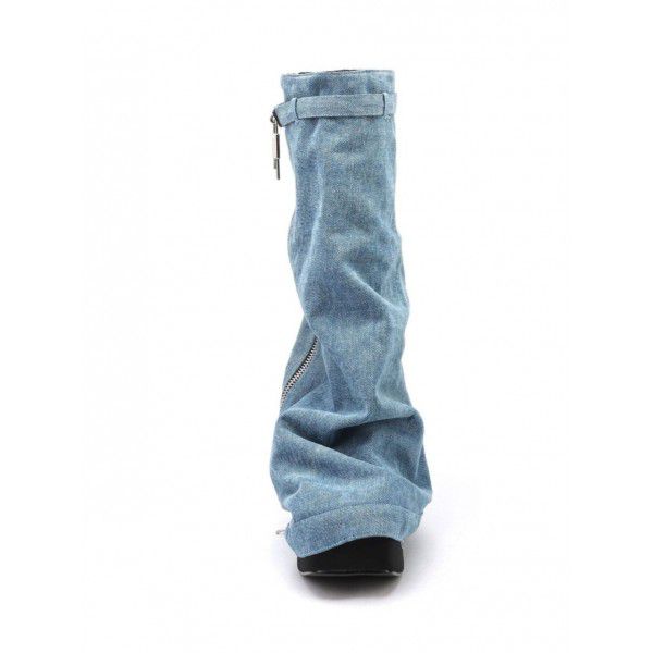 Thick soled Cowboy boot skirt shark round head women's boots large size long tube belt buckle wedge heels women's shoes 