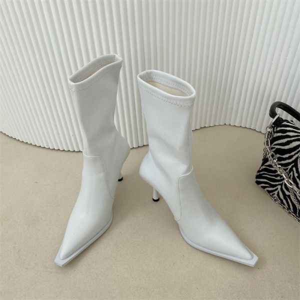 New High Heel Short Sleeve runway Boots Pointed toe Thin Heel Women's Shoes and Boots Elastic Soft Leather Fashion Boots for Women 