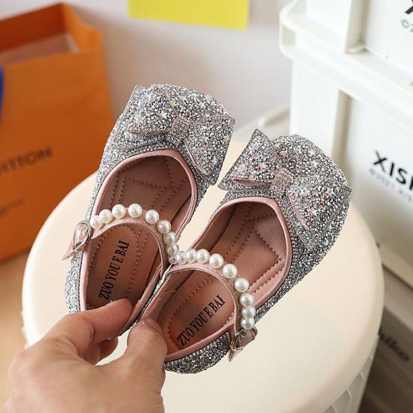 Girls' Princess Shoes Spring New Fashion Bow Rhinestone Leather Shoes Soft Sole Little Girl Baby Single Shoe Trend 