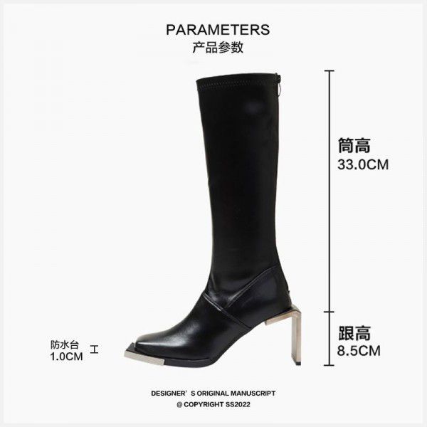 Autumn and Winter New Bone Shaping Iron Head Metal Crowd Black Mid Barrel Boots Show Thin Women 