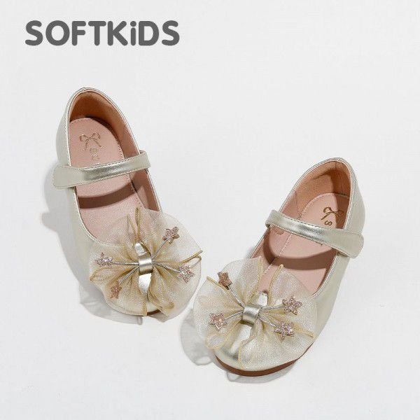 Girls' Bowknot Spring New Single Shoe Soft Sole Middle Big Children's Princess Shoes Velcro Children's Shoes 