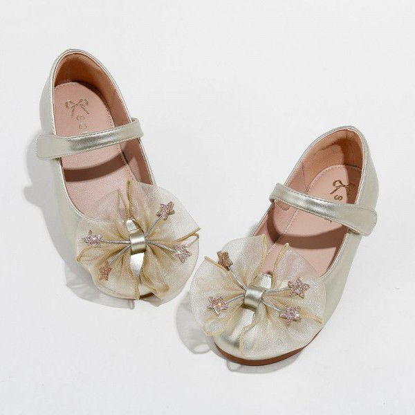Girls' Bowknot Spring New Single Shoe Soft Sole Middle Big Children's Princess Shoes Velcro Children's Shoes 